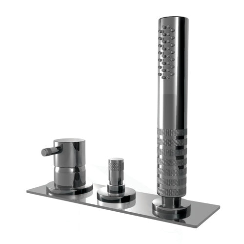 DIAMETRO35 GRUPPO PER BORDO VASCA SPAZZOLATO - MISCELATORE MONOCOMANDO A DUE USCITE CON DEVIATORE AUTOMATICO DOCCETTA/USCITA PER TROPPO PIENO - DOCCETTA CON FLESSIBILE DA 1.800MM - PIASTRA ESTERNA - DOCCETTA IN OTTONE