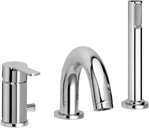 BATTERIA BORDO VASCA CON MISCELATORE CON DEVIATORE CON BOCCA EROGATORE NEW CON DOCCIA VERTICALE RED CROMO